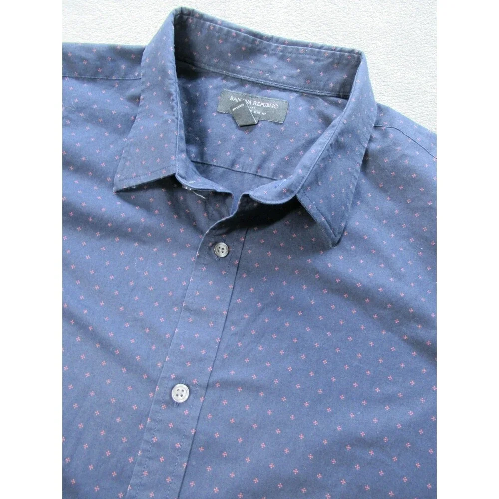 Banana Republic Shirt Mens XL 17-17.5 Slim Fit Non-Iron Geometric Blue Long Slv.